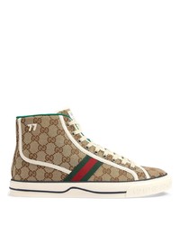beige bedruckte hohe Sneakers aus Segeltuch von Gucci