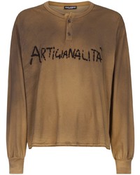 beige bedrucktes Langarmshirt mit einer Knopfleiste