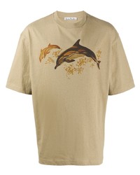 beige bedrucktes T-Shirt mit einem Rundhalsausschnitt von Acne Studios