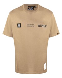 beige bedrucktes T-Shirt mit einem Rundhalsausschnitt von Alpha Industries