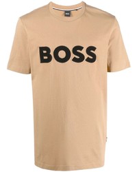 beige bedrucktes T-Shirt mit einem Rundhalsausschnitt von BOSS