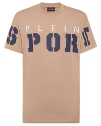 beige bedrucktes T-Shirt mit einem Rundhalsausschnitt von Plein Sport