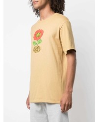 beige bedrucktes T-Shirt mit einem Rundhalsausschnitt von Stussy