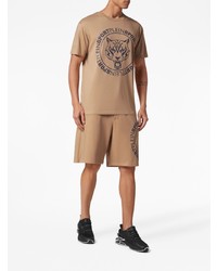 beige bedrucktes T-Shirt mit einem Rundhalsausschnitt von Plein Sport