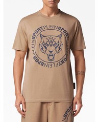 beige bedrucktes T-Shirt mit einem Rundhalsausschnitt von Plein Sport