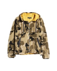 beige Camouflage Fleece-Pullover mit einem Kapuze