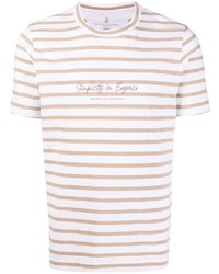 beige horizontal gestreiftes T-Shirt mit einem Rundhalsausschnitt von Brunello Cucinelli