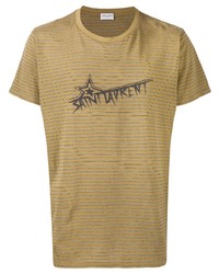 beige horizontal gestreiftes T-Shirt mit einem Rundhalsausschnitt von Saint Laurent