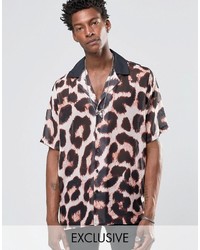 beige Kurzarmhemd mit Leopardenmuster von Reclaimed Vintage