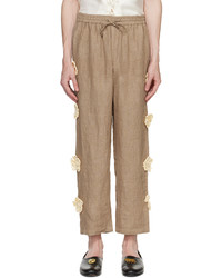 beige Leinen Chinohose mit Blumenmuster