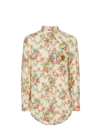 beige Leinen Langarmhemd mit Blumenmuster von Gucci