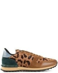 beige niedrige Sneakers mit Leopardenmuster