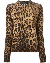 beige Pullover mit einem Rundhalsausschnitt mit Leopardenmuster von Dolce & Gabbana