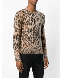 beige Pullover mit einem Rundhalsausschnitt mit Leopardenmuster von Saint Laurent