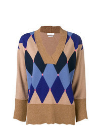 beige Pullover mit einem V-Ausschnitt mit Argyle-Muster