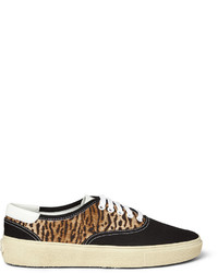 beige Segeltuch niedrige Sneakers mit Leopardenmuster von Saint Laurent