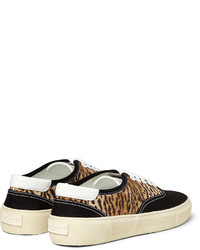 beige Segeltuch niedrige Sneakers mit Leopardenmuster von Saint Laurent