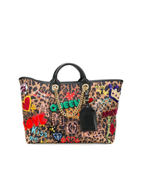 beige Shopper Tasche aus Segeltuch mit Leopardenmuster von Dolce & Gabbana