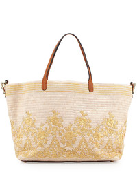 beige Shopper Tasche aus Stroh mit Blumenmuster