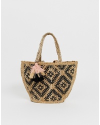 beige Shopper Tasche aus Stroh mit geometrischem Muster von America & Beyond