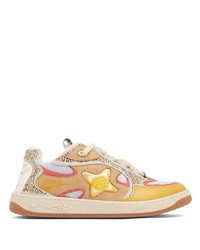 beige verzierte Leder niedrige Sneakers