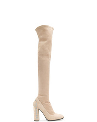 beige verzierte Overknee Stiefel aus Wildleder