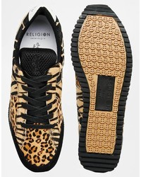 beige Wildleder niedrige Sneakers mit Leopardenmuster von Religion