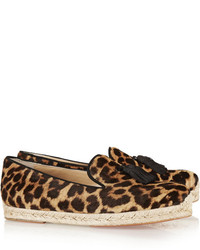 beige Wildleder Slipper mit Quasten mit Leopardenmuster von Christian Louboutin