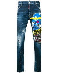 blaue bedruckte enge Jeans von DSQUARED2