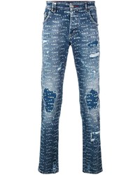 blaue bedruckte enge Jeans von Philipp Plein