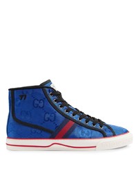 blaue bedruckte hohe Sneakers aus Segeltuch von Gucci