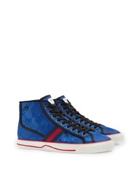 blaue bedruckte hohe Sneakers aus Segeltuch von Gucci