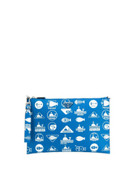 blaue bedruckte Leder Clutch Handtasche von Prada