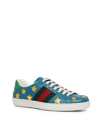 blaue bedruckte Leder niedrige Sneakers von Gucci