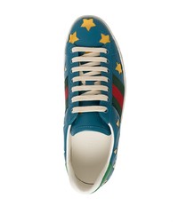 blaue bedruckte Leder niedrige Sneakers von Gucci