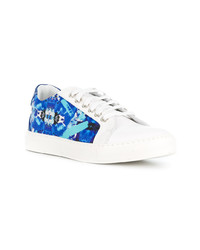 blaue bedruckte Leder niedrige Sneakers von Frankie Morello