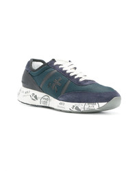 blaue bedruckte Leder niedrige Sneakers von Premiata