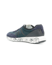 blaue bedruckte Leder niedrige Sneakers von Premiata