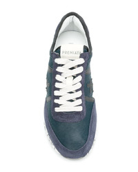 blaue bedruckte Leder niedrige Sneakers von Premiata