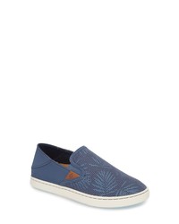 blaue bedruckte Slip-On Sneakers aus Segeltuch