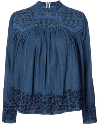 blaue bestickte Jeans Bluse