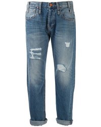 blaue Boyfriend Jeans mit Destroyed-Effekten