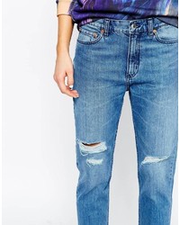 blaue Boyfriend Jeans mit Destroyed-Effekten von Weekday