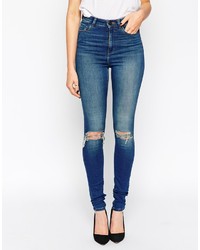 blaue enge Jeans mit Destroyed-Effekten von Monroe