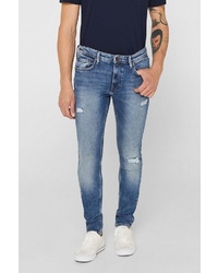 blaue enge Jeans mit Destroyed-Effekten von edc by Esprit