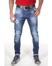 blaue enge Jeans mit Destroyed-Effekten von EX-PENT