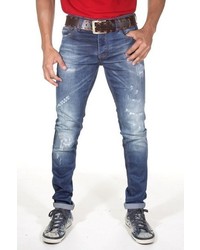 blaue enge Jeans mit Destroyed-Effekten von EX-PENT