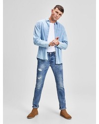 blaue enge Jeans mit Destroyed-Effekten von Jack & Jones