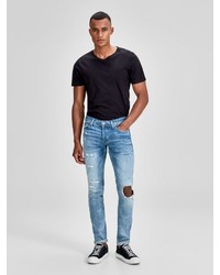 blaue enge Jeans mit Destroyed-Effekten von Jack & Jones