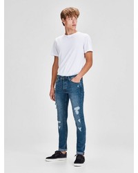 blaue enge Jeans mit Destroyed-Effekten von Jack & Jones